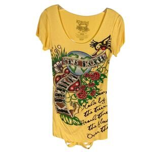 NWOT KIMIKAL Top M Graphic Rhinestones Bird Floral Writing Yellow Cut Out Back